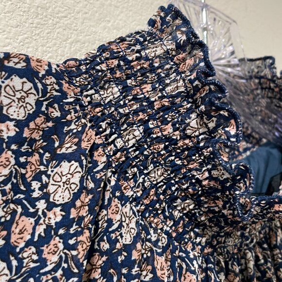 (NEW) CODE MODE Ruffled Sleeveless Smock Neck Floral Dress, Navy/Pink - L - Picture 6 of 10